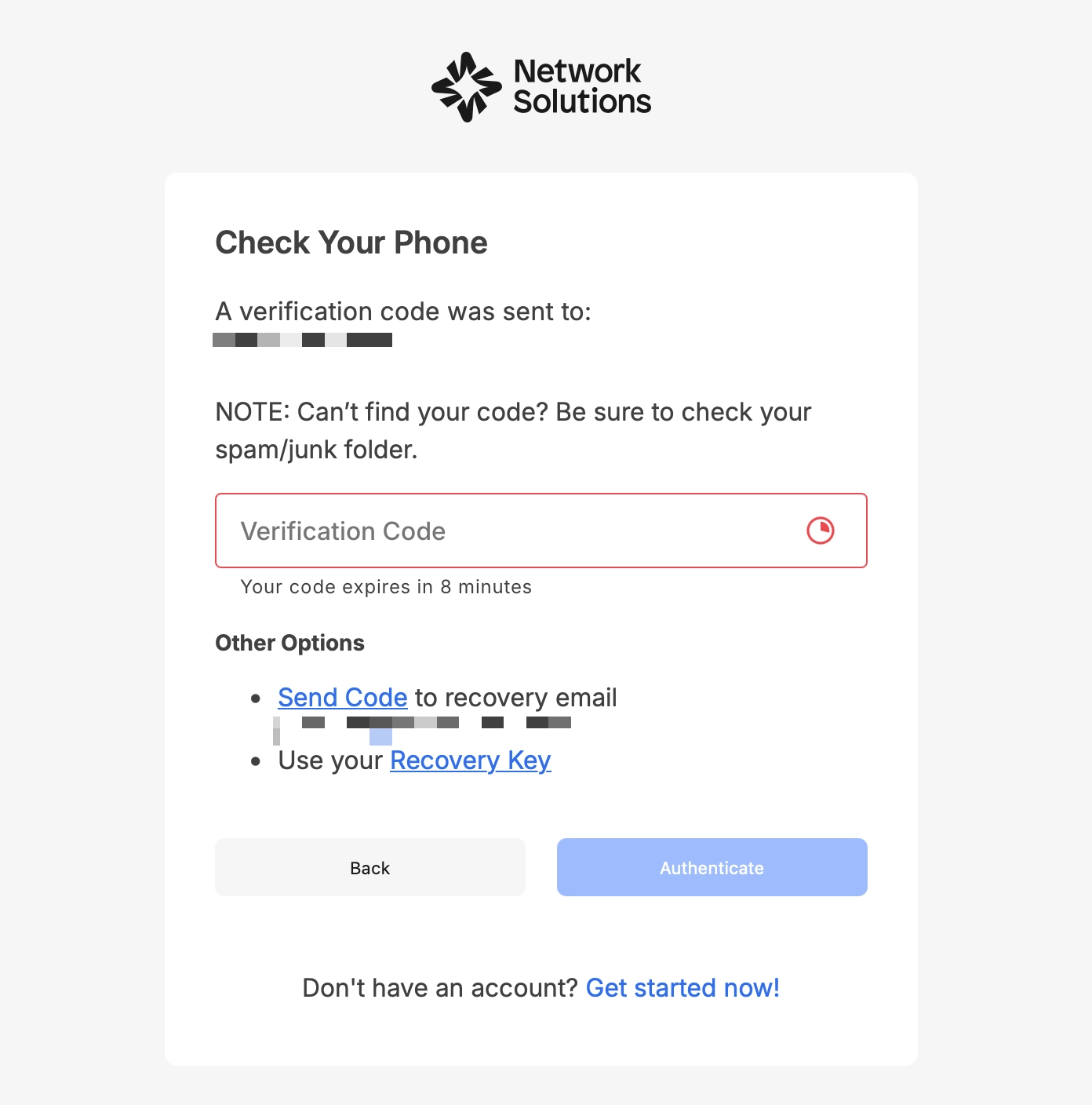 Network Solutions login two-factor authentication screen